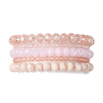 5Pcs 5 Styles Faceted Round Glass Beaded Stretch Bracelet Sets, Stackable Bracelets for Women Men, Pink, 2~2-1/8 inch(4.95~5.25cm), 1pc/style