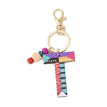 Wood Keychain, with Dye & Iron Key Ring, Letter T, 11.6~12.1cm