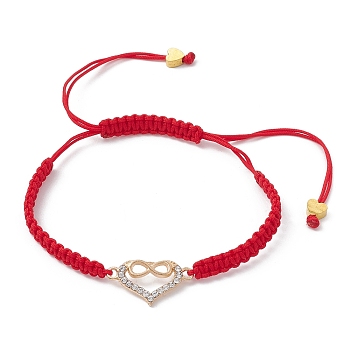 Alloy Rhinestone Heart with Infinity Link Bracelet, Nylon Thread Braided Adjustable Bracelet, Red, Inner Diameter: 1-3/4~3-1/2 inch(4.4~8.9cm)