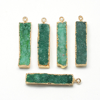 Natural Druzy Agate Pendants, with Brass Findings, Dyed, Rectangle, Golden, Sea Green, 39~44x9~12x8~15mm, Hole: 1.8mm