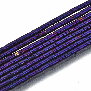 Electroplate Non-magnetic Synthetic Hematite Beads Strands, Column, Indigo, 1.5x1mm, Hole: 0.5mm, about 377~383pcs/strand, 15.75 inch~15.94 inch(40cm~40.5cm)