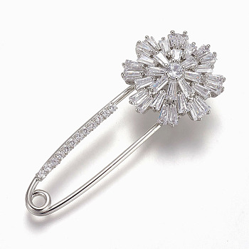 Brass Micro Pave Cubic Zirconia Safety Brooch, Flower, Clear, Platinum, 58x24mm, Pin: 1.5mm