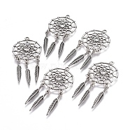 Tibetan Style Alloy Pendants, Woven Net/Web with Feather, Lead Free & Nickel Free & Cadmium Free, Thailand Sterling Silver Plated, 63x28x1.5mm, Hole: 2mm(X-TIBE-Q054-14TAS-NR)