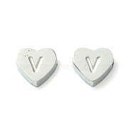 316 Surgical Stainless Steel Beads, Love Heart with Letter Bead, Stainless Steel Color, Letter V, 5.5x6.5x2.5mm, Hole: 1.4mm(STAS-R230-01V-P)