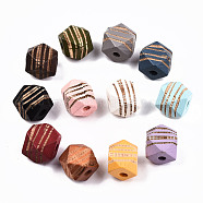 Painted Natural Wood Beads, Laser Engraved Pattern, Faceted, Polygon with Zebra-Stripe, Mixed Color, 12x12x12mm, Hole: 3mm(WOOD-T021-52B-M)