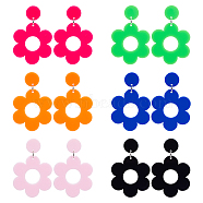 6 Pairs 6 Colors Flower Acrylic Dangle Stud Earrings with Steel Iron Pins for Women, Mixed Color, 55x37mm, 1 Pair/color(EJEW-AN0004-03)