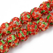 Handmade Lampwork Beads Strands, Bumpy, Round with Flower, Orange Red, 12~13x11~12mm, Hole: 1mm, about 40pcs/strand, 16.69 inch(42.4cm)(LAMP-N021-015A-02)