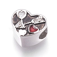 304 Stainless Steel European Beads, Large Hole Beads, with Enamel and Rhinestone, Heart with Allow, Dark Red, Antique Silver, 10x11.5x7mm, Hole: 4mm(STAS-O097-42AS)