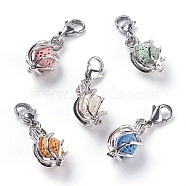 Brass Locket Pendants, Cage Pendants, with Dyed Lava Rock Perfume Beads, Brass Jump Rings and 304 Stainless Steel Lobster Claw Clasps, Lead Free & Cadmium Free, Platinum, 36mm, Pendant: 23x11.5~12mm(HJEW-JM00325-M-1)