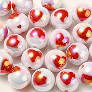 UV Plating Rainbow Iridescent Acrylic Beads, Round with Heart Pattern, Red, 16x15mm, Hole: 3mm(OACR-F004-09H)