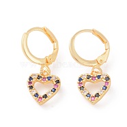 Brass Micro Pave Cubic Zirconia Dangle Hoop Earrings, Heart, Colorful, Golden, 24mm, Pin: 0.9mm(EJEW-F233-06G)