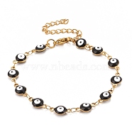 Enamel Oval with Evil Eye Link Chains Bracelet, Vacuum Plating 304 Stainless Steel Jewelry for Women, Golden, Black, 6-1/2 inch(16.5cm)(BJEW-P271-04G-03)