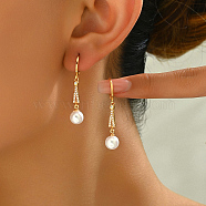 Elegant Stainless Steel Pearl Hoop Earrings, with Geometric Design and Sparkling Rhinestone, Golden, 37x7.5mm(VY6984)