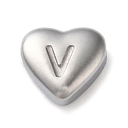 201 Stainless Steel Beads, Stainless Steel Color, Heart, Letter V, 7x8x3.5mm, Hole: 1.5mm(STAS-M335-01V-P)