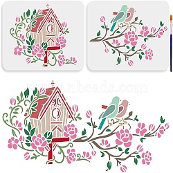 US 2Pcs 2 Styles PET Hollow Out Drawing Painting Stencils, for DIY Scrapbook, Photo Album, with 1Pc Art Paint Brushes, Bird & Bird House, 297x210mm, 1pc/style(DIY-MA0004-08)