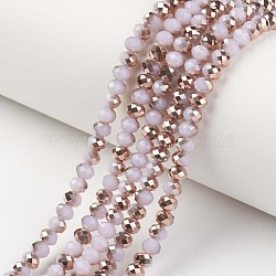 Electroplate Glass Beads Strands, Imitation Jade, Half Copper Plated, Faceted, Rondelle, Pink, 2x1.5mm, Hole: 0.4mm, about 195pcs/strand, 11 inch(27.5cm)(EGLA-A034-J1mm-N01)