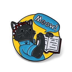 Black Alloy Brooches, Enamel Pins, Cat, Deep Sky Blue, 29x32x1.5mm(JEWB-C032-09C-EB)