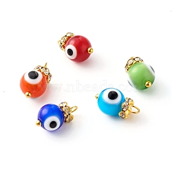 Handmade Lampwork Beads Pendants, with Brass Rhinestone Spacer Bead, Round with Evil Eye, Mixed Color, 14x8mm, Hole: 3mm(PALLOY-JF00776)