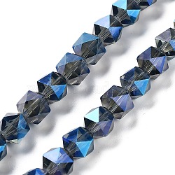 Electroplate Glass Beads Strands, Full Rainbow Plated, Polygon, Prussian Blue, 9x9x9mm, Hole: 1.4mm, about 60pcs/strand, 22.44''(57cm)(EGLA-P057-01A-FR02)