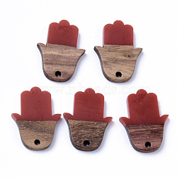 Resin & Walnut Wood Pendants, Hamsa Hand/Hand of Fatima/Hand of Miriam, FireBrick, 25x18.5x3mm, Hole: 2mm(RESI-N025-011A-B03)