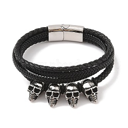 Braided Microfiber Leather Multi-strand Bracelets, Viking 304 Stainless Steel Skull Bracelets for Men, Antique Silver & Stainless Steel Color, 8-1/2x1-3/8 inch(21.5x3.5cm)(BJEW-B096-08G)