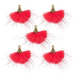 Faux Mink Fur Tassel Pendant Decorations, with Antique Golden Alloy Findings, Cerise, 20~30x28~30mm, Hole: 1.8mm(FIND-YW0002-24C)