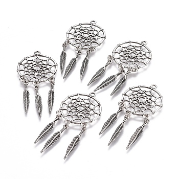 Tibetan Style Alloy Pendants, Woven Net/Web with Feather, Lead Free & Nickel Free & Cadmium Free, Thailand Sterling Silver Plated, 63x28x1.5mm, Hole: 2mm