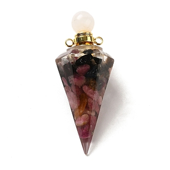 Natural Tourmaline Perfume Bottle Pendants, Resin Faceted Cone Charms with Golden Plated Brass Screw Cap, 46.5~48x19~20x17~18mm, Hole: 1.8mm