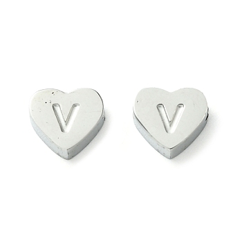 316 Surgical Stainless Steel Beads, Love Heart with Letter Bead, Stainless Steel Color, Letter V, 5.5x6.5x2.5mm, Hole: 1.4mm