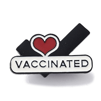 Medical Topics Word VACCINATED Heart Zinc Alloy Brooches, Enamel Pins, White, 26x39x1.5mm