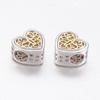 Brass European Beads, Large Hole Beads, Heart, Real Platinum Plated & Real 18K Gold Plated, 11x12x7mm, Hole: 4.5mm
