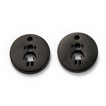 304 Stainless Steel Charms, Flat Round with Hollow Girl, Electrophoresis Black, 12x1.4mm, Hole: 2mm