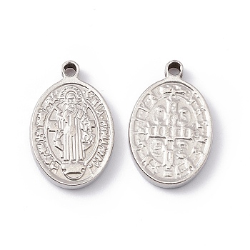 201 Stainless Steel Pendants, Oval with Cssml Ndsmd Cross God Father Religious Christianity, Stainless Steel Color, 21x14x2.5mm, Hole: 1.8mm
