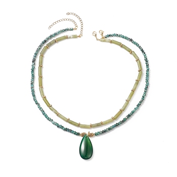 Natural Agate Pendant Necklaces Sets for Women, Natural Malaysia Jade and Taiwan Jade Beads Necklaces, 15.94~18.31 inch(40.5~46.5cm), 2pcs/set