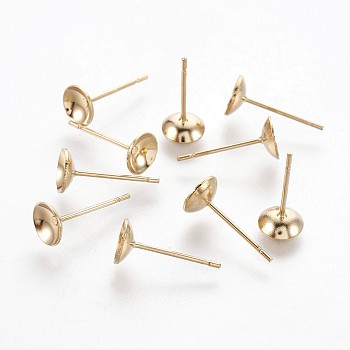 304 Stainless Steel Stud Earring Settings, Real 18k Gold Plated, Tray: 5mm, 12.5x6mm, Pin: 0.8mm