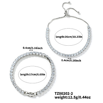 2Pcs 2 Style Cubic Zirconia Chain Bracelet Set, Adjustable Brass Slider Couple Bracelets, White, 