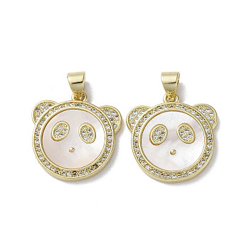 Brass Micro Pave Cubic Zirconia Pendants, with Shell, Panda, Real 18K Gold Plated, 19x18x3mm, Hole: 3.5x5mm