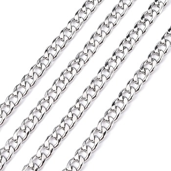 304 Stainless Steel Cuban Link Chains, Chunky Curb Chains, Unwelded, with Spool, Stainless Steel Color, 6mm