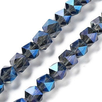 Electroplate Glass Beads Strands, Full Rainbow Plated, Polygon, Prussian Blue, 9x9x9mm, Hole: 1.4mm, about 60pcs/strand, 22.44''(57cm)
