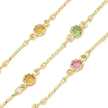 Brass Chain, with Glass Links, Flower, Colorful, Soldered, with Spool, Real 18K Gold Plated, 10x4.5x2mm