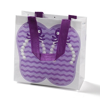 Summer Beach Theme Printed Flip Flops Non-Woven Reusable Folding Gift Bags with Handle, Portable Waterproof Shopping Bag for Gift Wrapping, Rectangle, Lilac, 9x19.8x20.5cm, Fold: 24.8x19.8x0.1cm