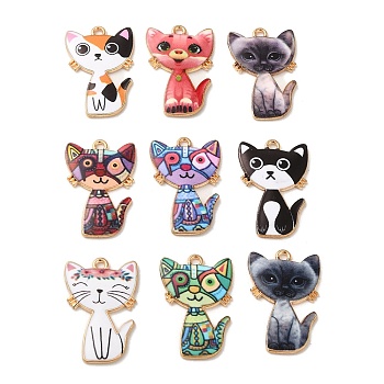 Alloy Enamel Pendants, Light Gold, Cat Charm, Mixed Color, 26x17x1.5mm, Hole: 1.6mm