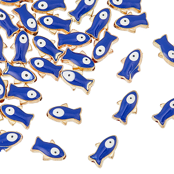 Light Gold Plated Alloy Enamel Beads, Fish, Blue, 11x7x4.5mm, Hole: 1.8mm