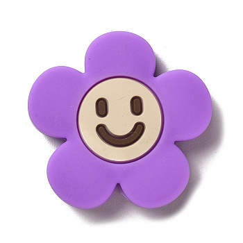 Silicone Beads, Flower with Smiling Face, Silicone Teething Beads, Purple, 30x31x8.5mm, Hole: 3mm
