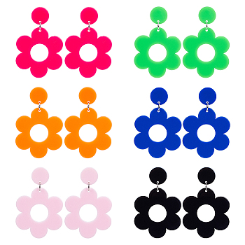 6 Pairs 6 Colors Flower Acrylic Dangle Stud Earrings with Steel Iron Pins for Women, Mixed Color, 55x37mm, 1 Pair/color