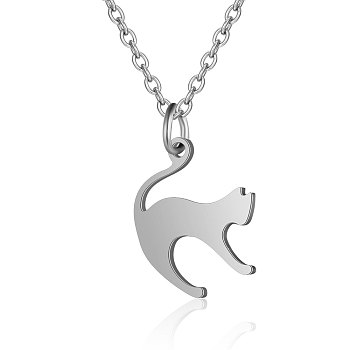 201 Stainless Steel Kitten Pendant Necklaces, with Cable Chains, Stretching Cat, Stainless Steel Color, 15.7 inch(40cm), 1.5mm, Cat: 18x15x1mm