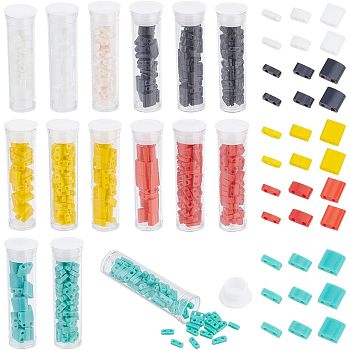 790Pcs 15 Style 2-Hole Opaque Glass Seed Beads. Rectangle, Mixed Color, 4.5~5.5x2~5.5x1~2.5mm, Hole: 0.5~0.8mm, 790Pcs/Set