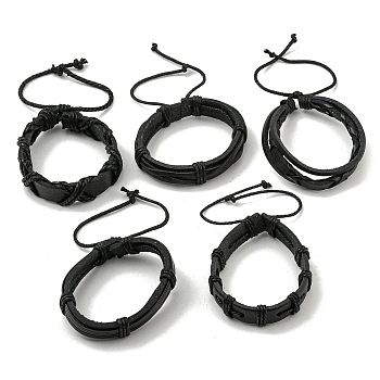 Adjustable PU Leather Waxed Cord Bracelets, Black, Inner Diameter: 2-1/8~3-1/4 inch(5.5~8.2cm)