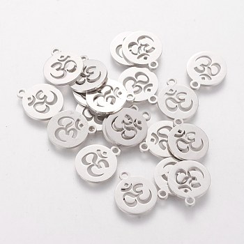 304 Stainless Steel Charms, Flat Round with Om Symbol, Stainless Steel Color, 14x12x1mm, Hole: 1.5mm