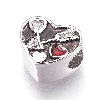 304 Stainless Steel European Beads, Large Hole Beads, with Enamel and Rhinestone, Heart with Allow, Dark Red, Antique Silver, 10x11.5x7mm, Hole: 4mm
